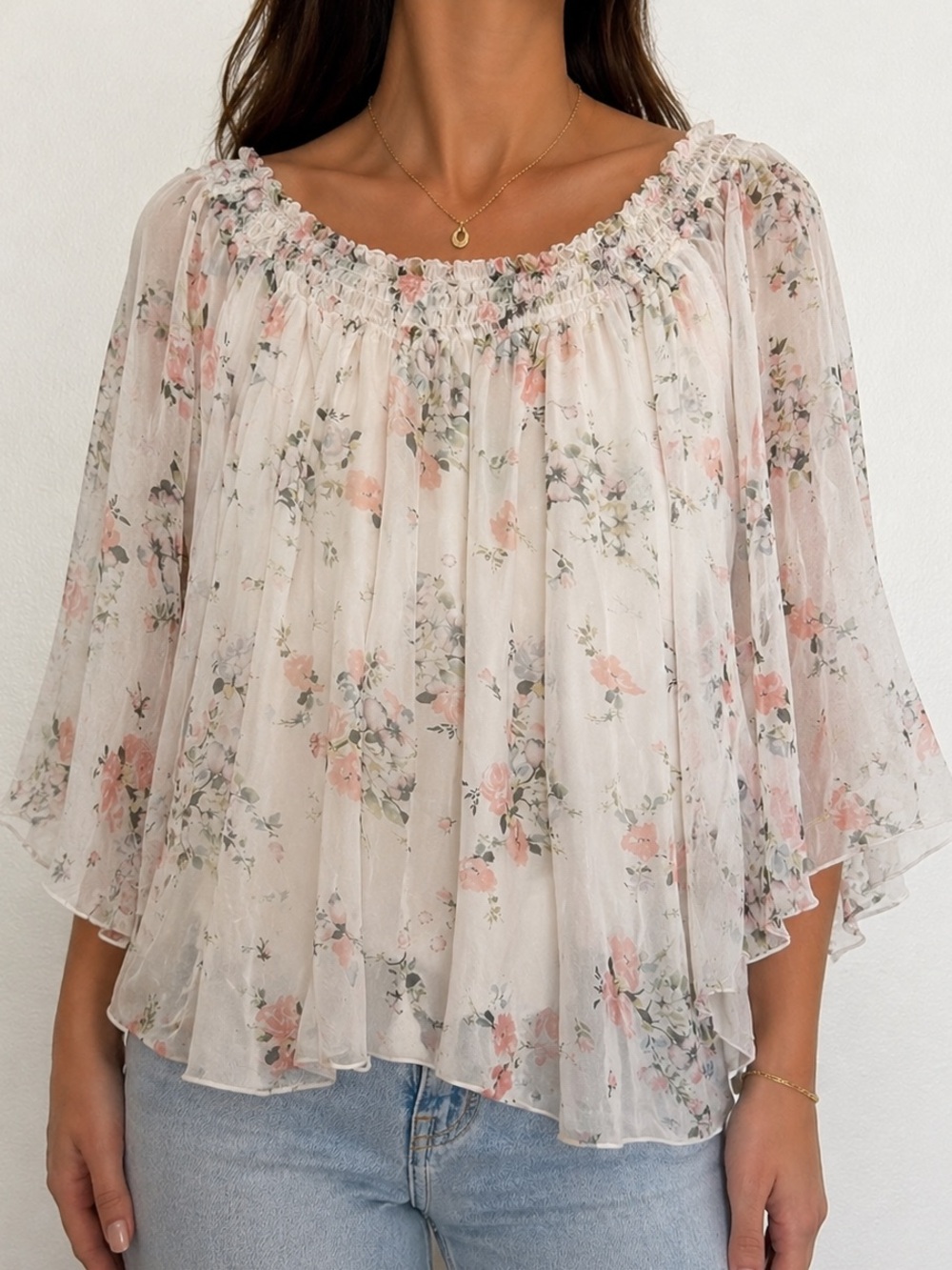 Viola Borghi Italy 100% Silk Floral Off Shoulder Boho Blouse 2X